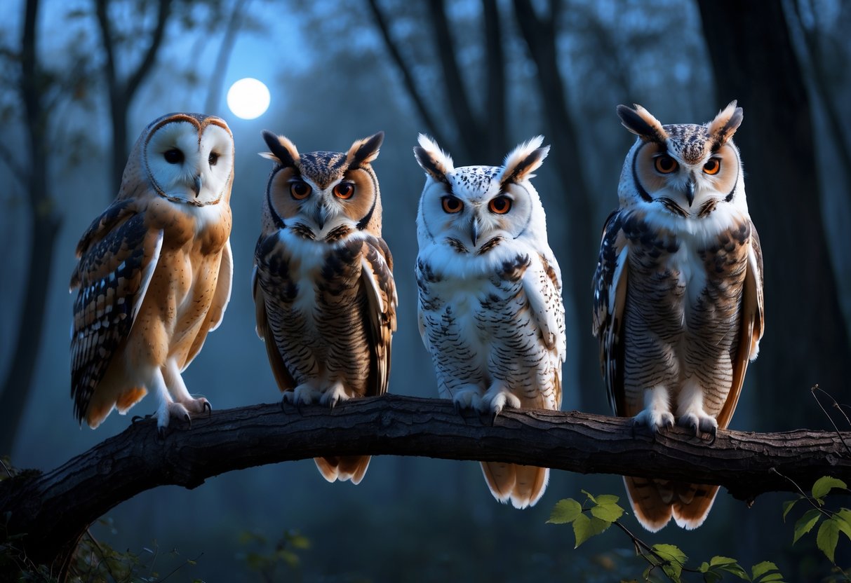 Several different species of owls perched on branches in a misty forest during twilight.
