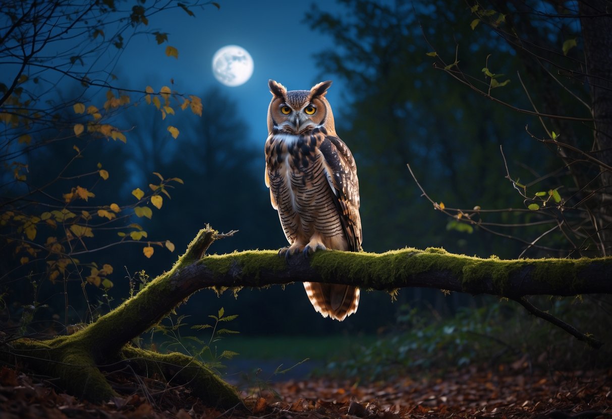 An owl perched on a tree branch in a dark woodland at night with fallen autumn leaves on the ground.