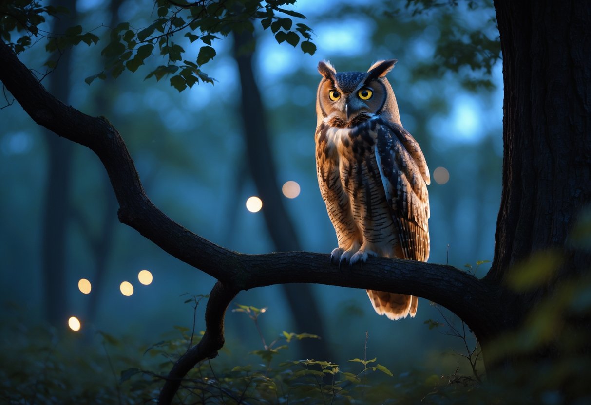 An owl with glowing eyes perched on a tree branch in a misty forest at twilight.