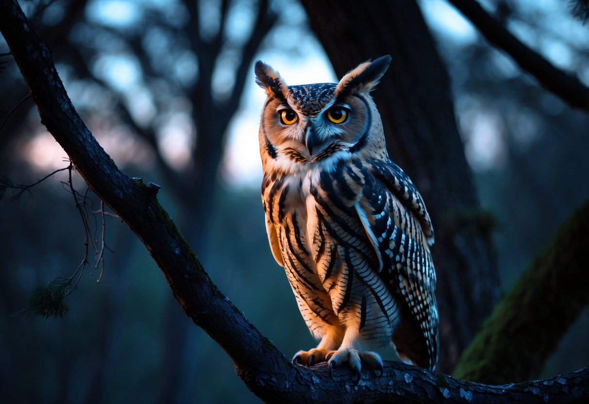 An owl perched on a tree branch at dusk, looking alert with wide eyes in a forest setting.