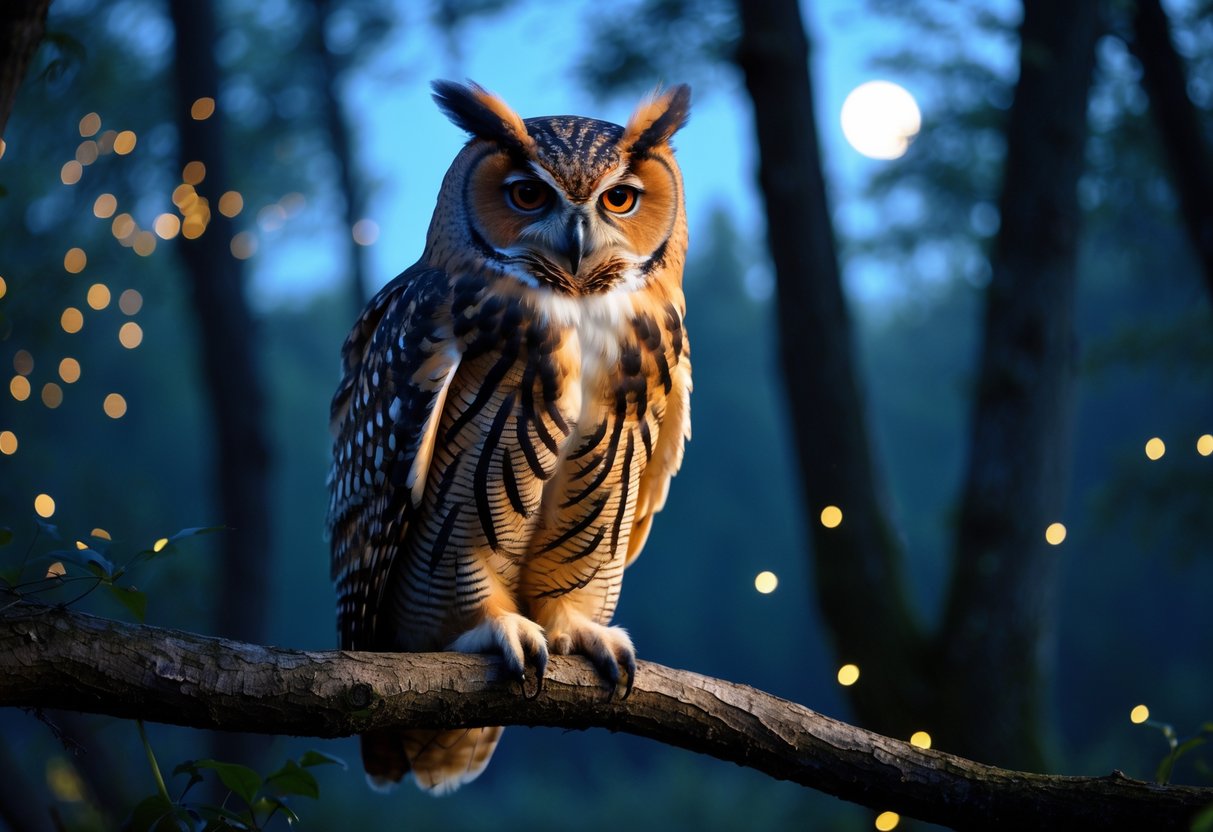 A detailed owl perched on a tree branch in a forest at twilight with soft moonlight and glowing light effects around it.