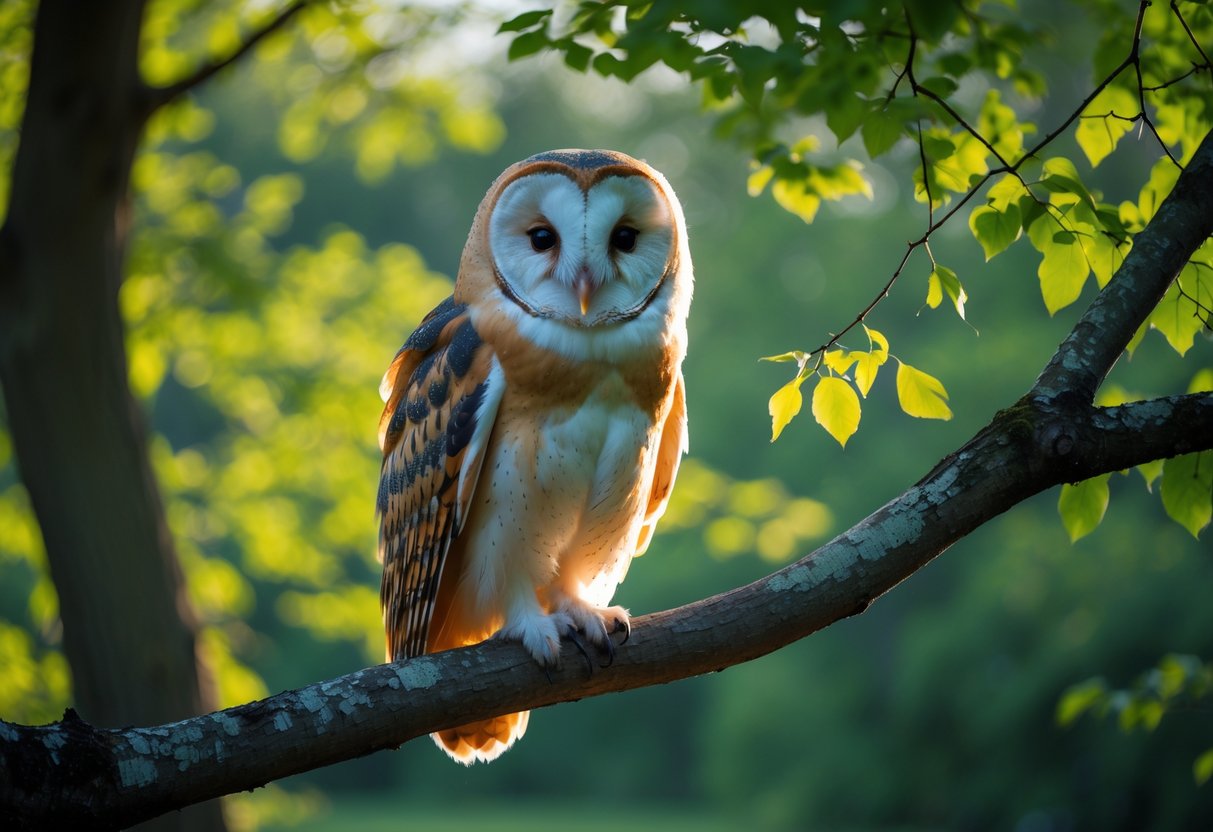 A barn owl perched on a tree branch in a green forest with sunlight filtering through the leaves.