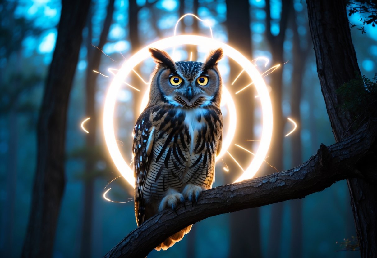 An owl perched on a tree branch at dusk with glowing eyes and a soft light surrounding it in a forest setting.