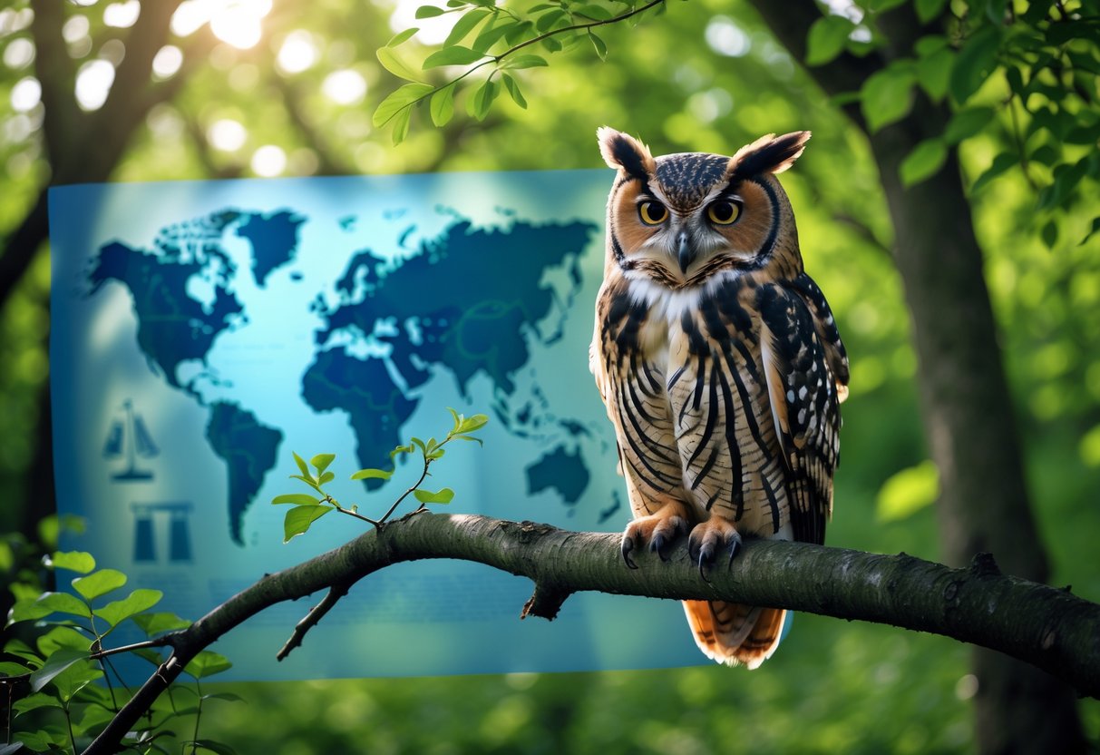 An owl perched on a tree branch in a green woodland with a faint UK map and legal symbols subtly blended into the background.