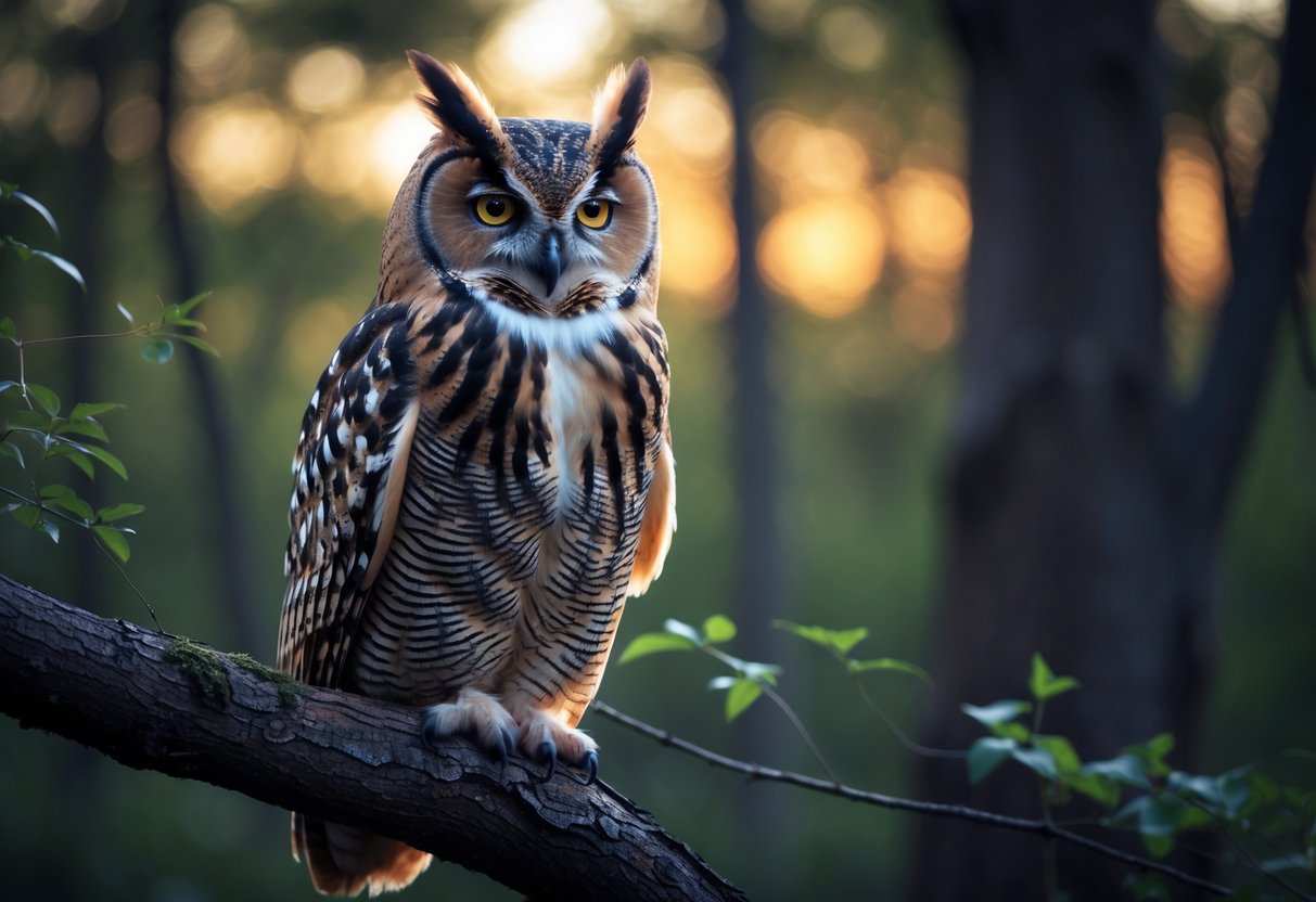 A close-up of an owl perched on a tree branch in a forest at dusk.