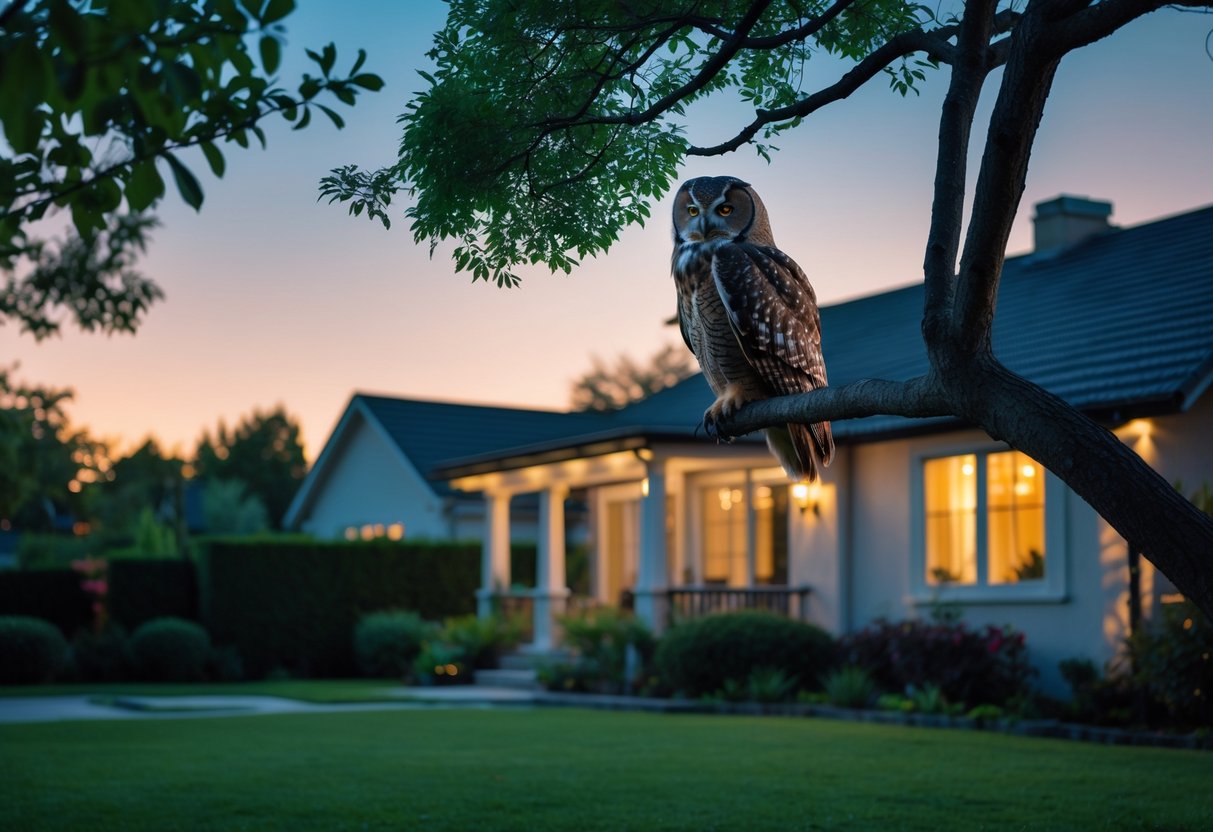 An owl perched on a tree branch near a house in a suburban backyard at dusk.