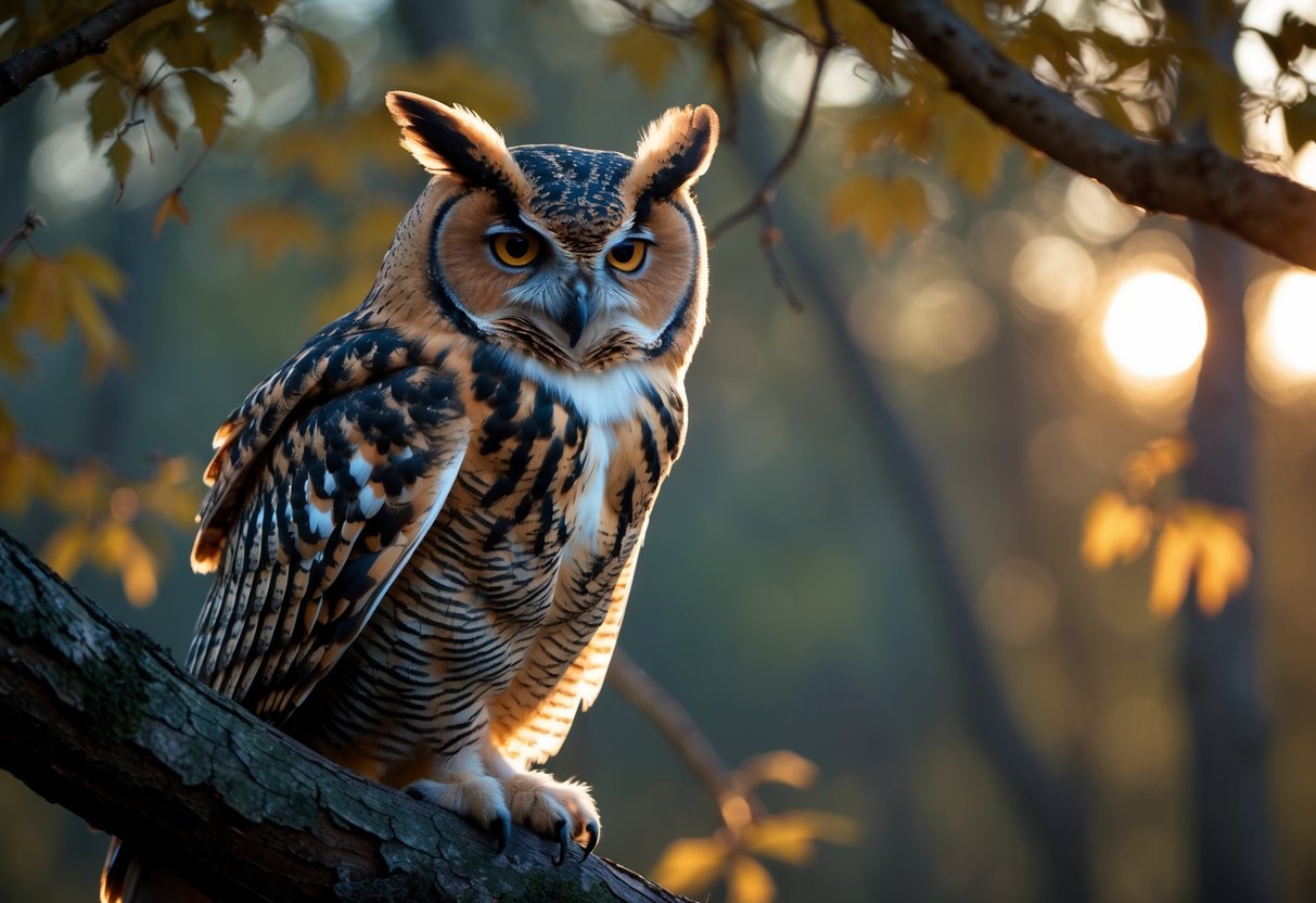 A close-up of an owl perched on a tree branch with focused eyes and detailed feathers against a blurred forest background at dusk.
