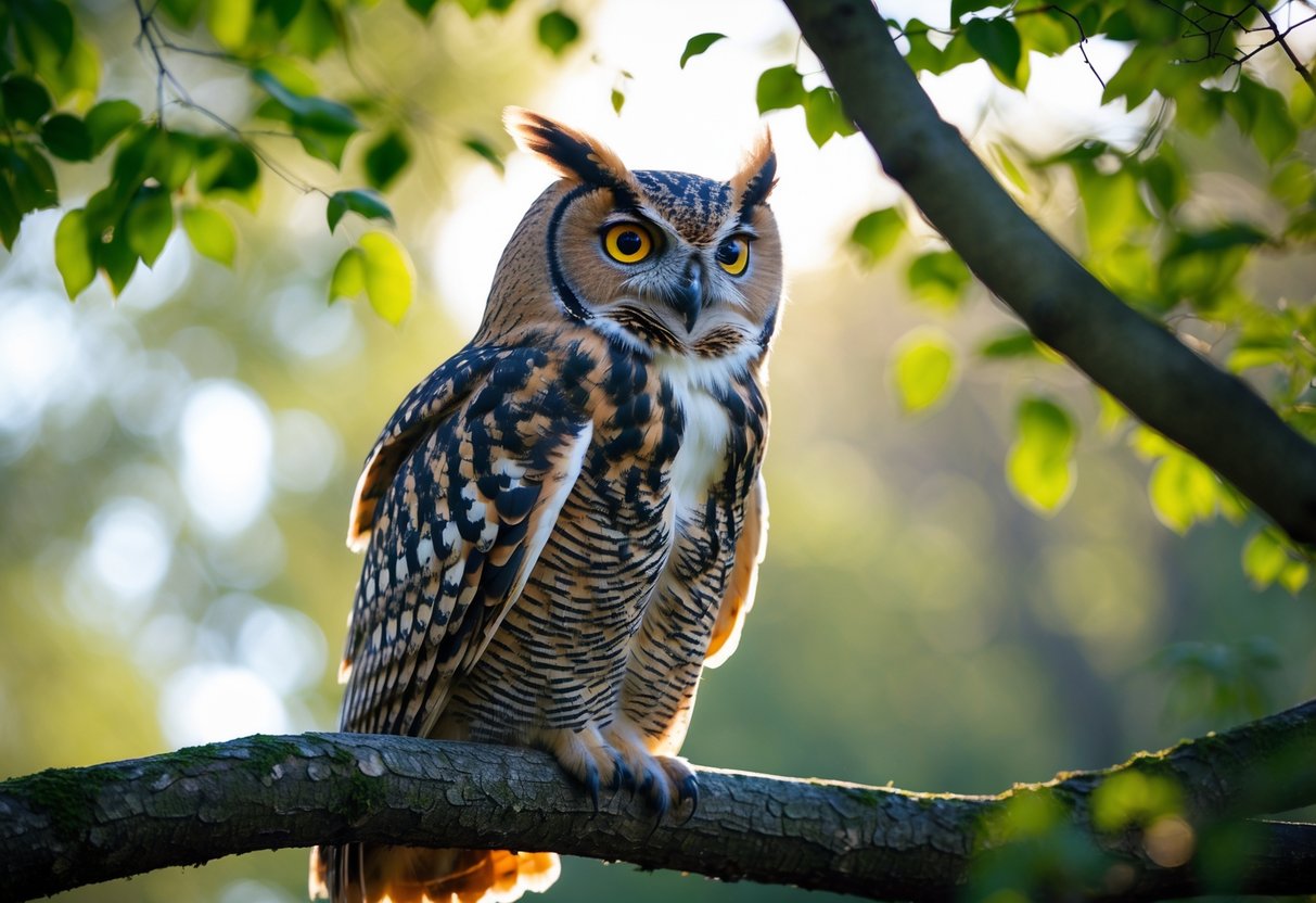 A close-up of an owl perched on a tree branch in daylight, looking thoughtfully into the distance.