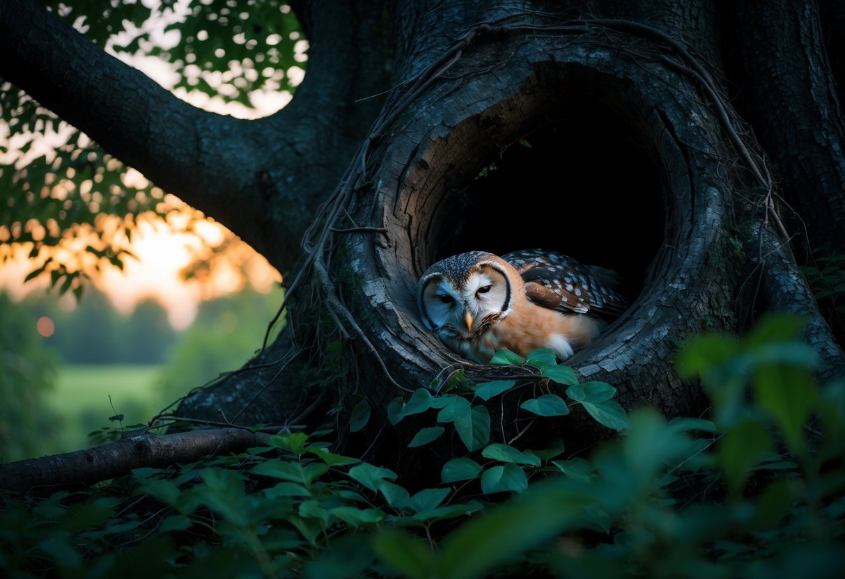 A sleeping owl resting in a hollow of a large tree trunk in a forest at dusk.