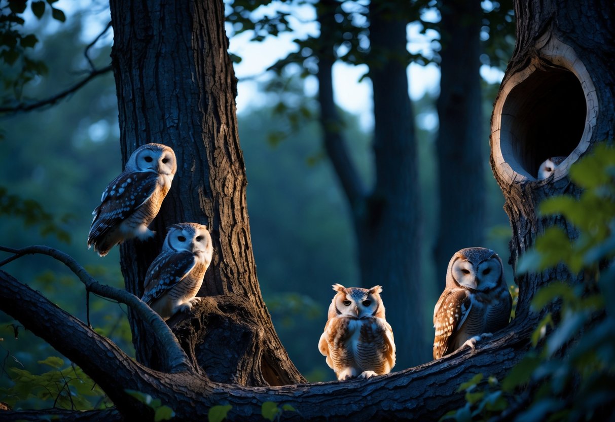 Owls resting quietly on tree branches and inside hollow trunks in a peaceful forest at dusk.