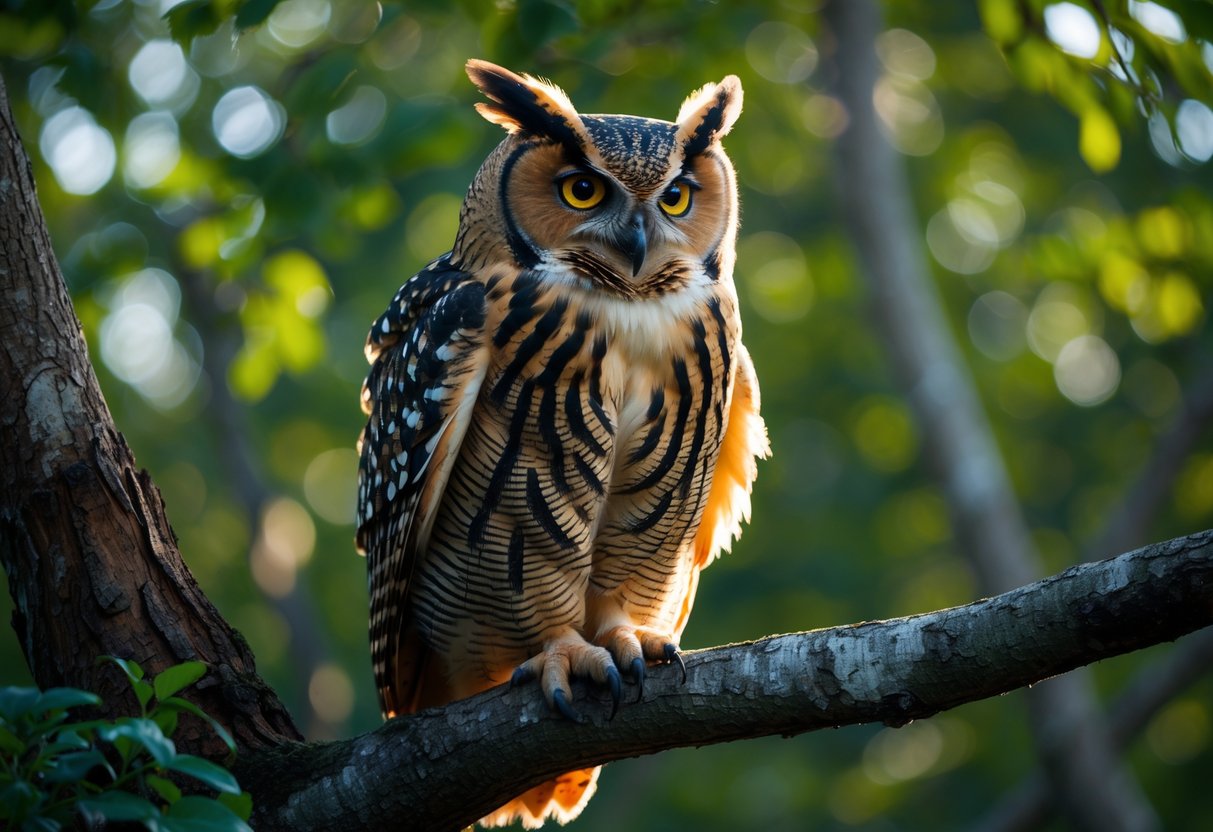 A powerful owl perched on a tree branch in a forest, looking directly ahead with bright yellow eyes.