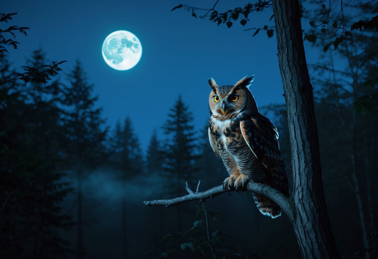 An owl perched on a tree branch at night with its beak open, surrounded by a dark forest and moonlight.