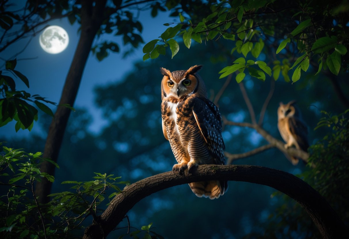 An owl perched on a tree branch at night, surrounded by forest foliage under moonlight.