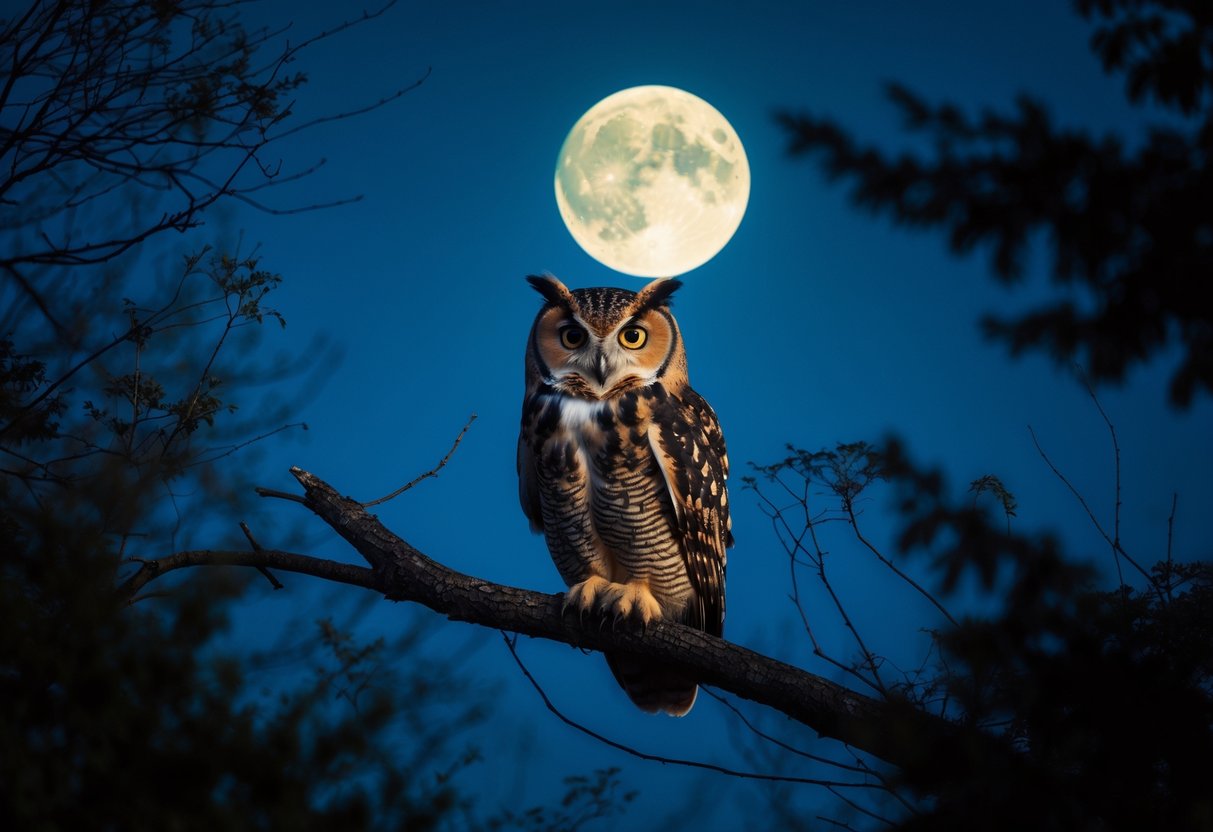 An owl with wide eyes perched on a tree branch at night under a starry sky and full moon.