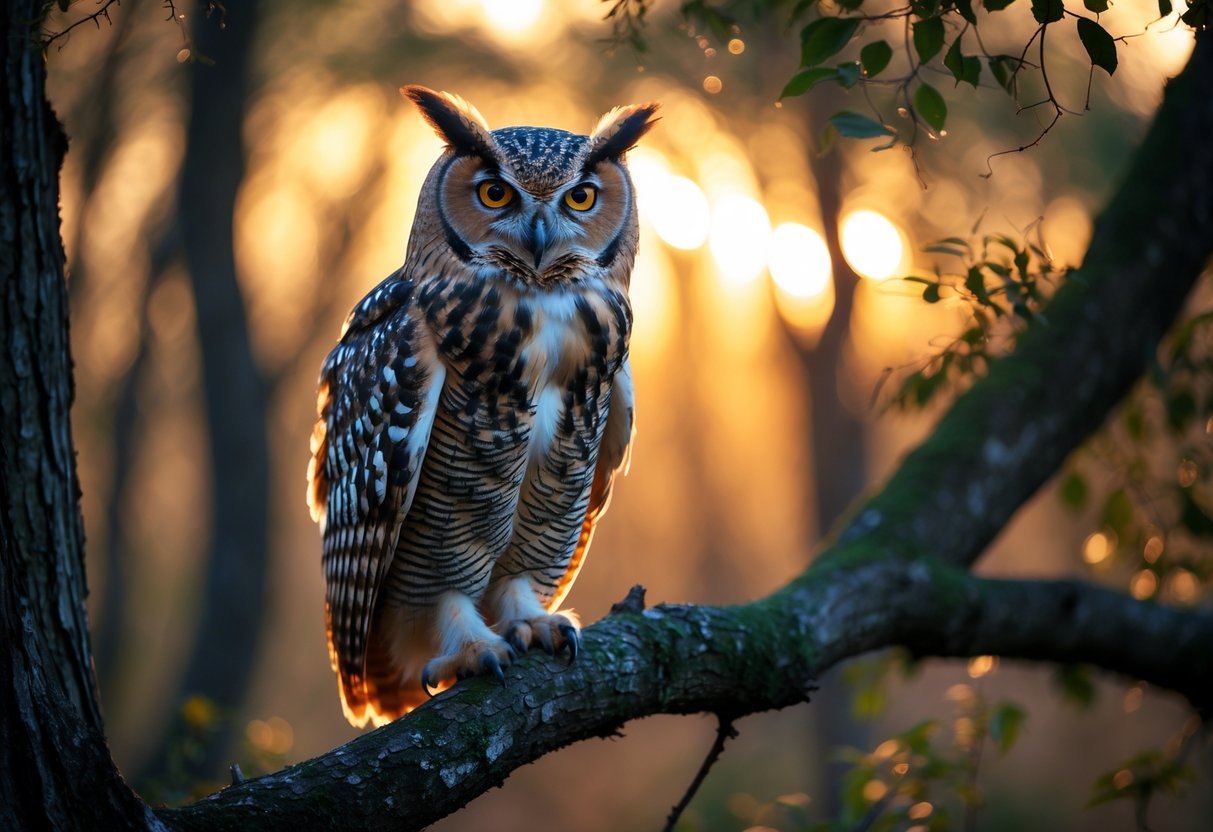 An owl perched on a tree branch at dusk with bright eyes and a forest background.