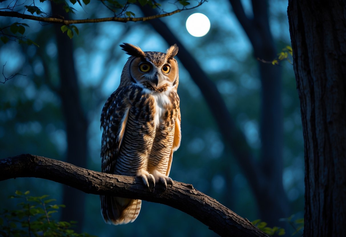 An owl perched on a tree branch at night with its eyes wide open in a dark forest.