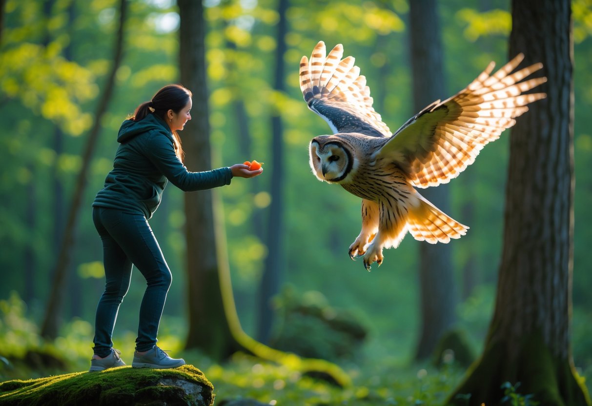A person reaching out a hand as an owl flies toward them in a green forest.