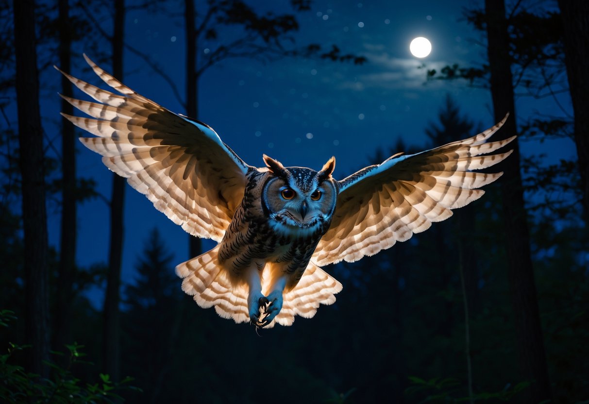 An owl flying at night through a dark forest with moonlight and stars in the background.