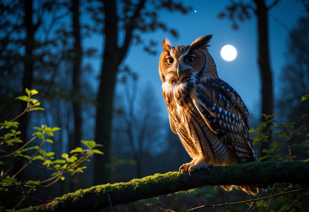 A brown owl perched on a tree branch at night in a forest, with its beak open as if hooting, surrounded by trees and stars.