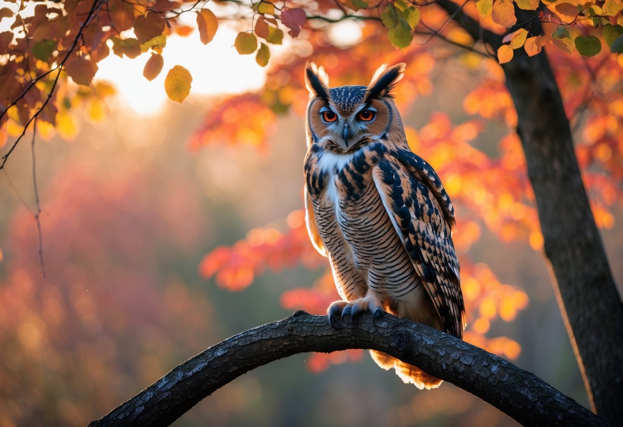 An owl perched on a tree branch surrounded by colorful autumn leaves in the morning light.