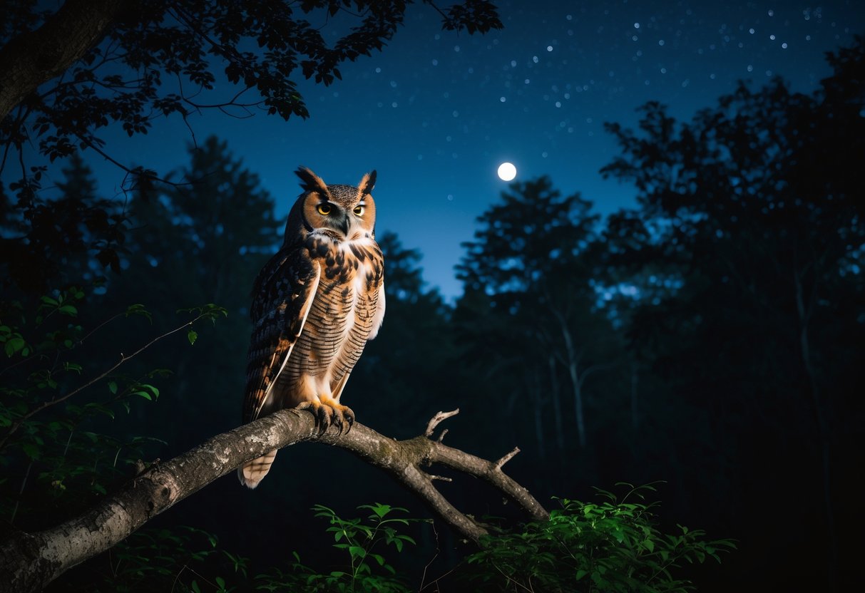 An owl perched on a tree branch in a dark forest at night under a starry sky.