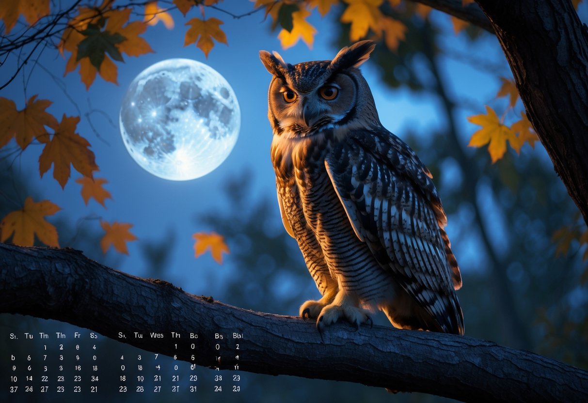 An owl perched on a tree branch at twilight with autumn leaves in the background and a faint calendar overlay showing the month of October.