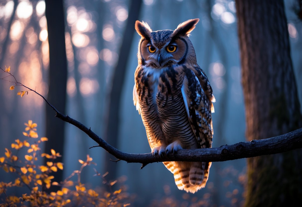 An owl perched on a tree branch in a forest at twilight with soft glowing light and seasonal foliage in the background.