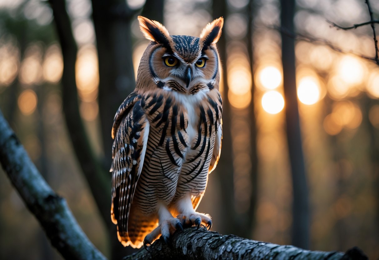 A majestic owl perched on a tree branch in a forest at dusk.