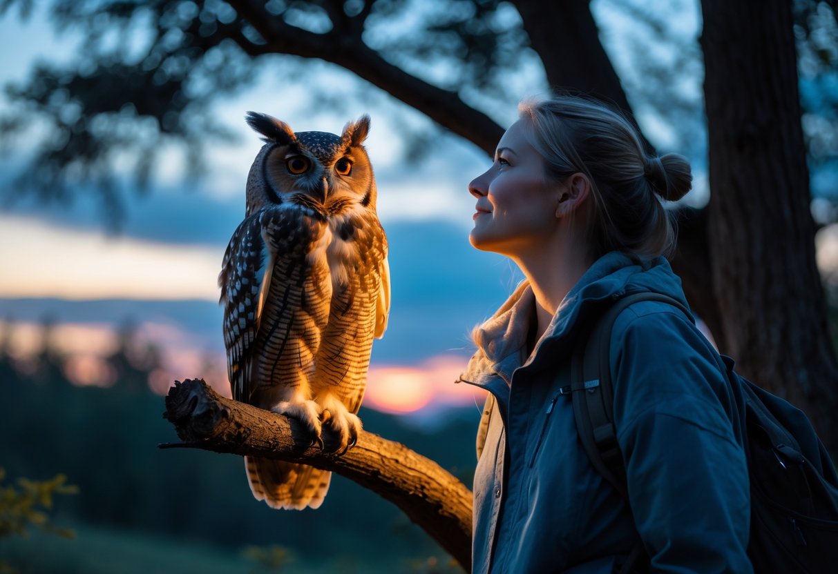 A person looking up at an owl perched on a tree branch in a forest at dusk.