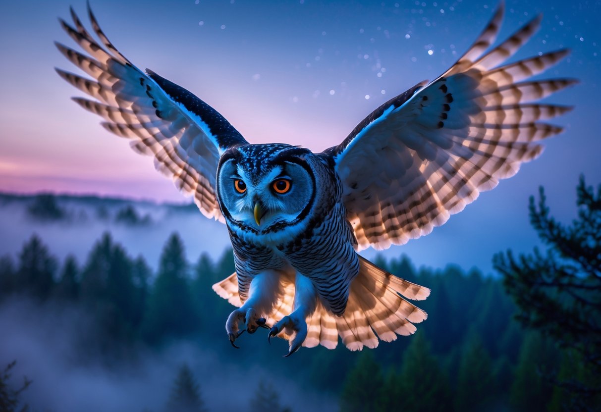 An owl flying over a forest at dusk with wings spread wide and eyes glowing, ready to hunt.