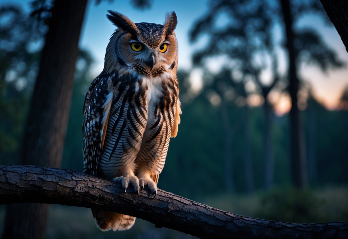 A close-up of an owl sitting on a tree branch in a forest at dusk.