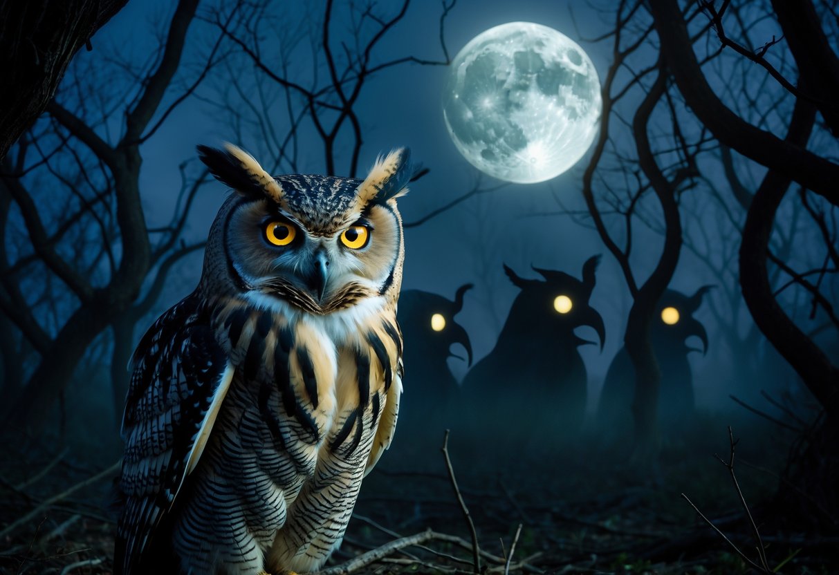 A large owl with glowing yellow eyes perched on a branch in a dark forest at night, with mist and shadowy shapes around it.