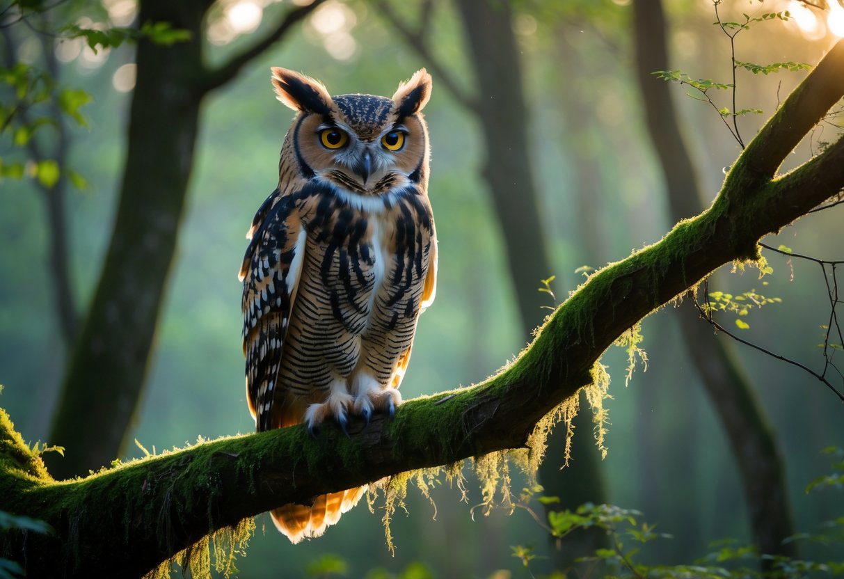 An owl perched on a tree branch in a forest with soft morning light and mist.