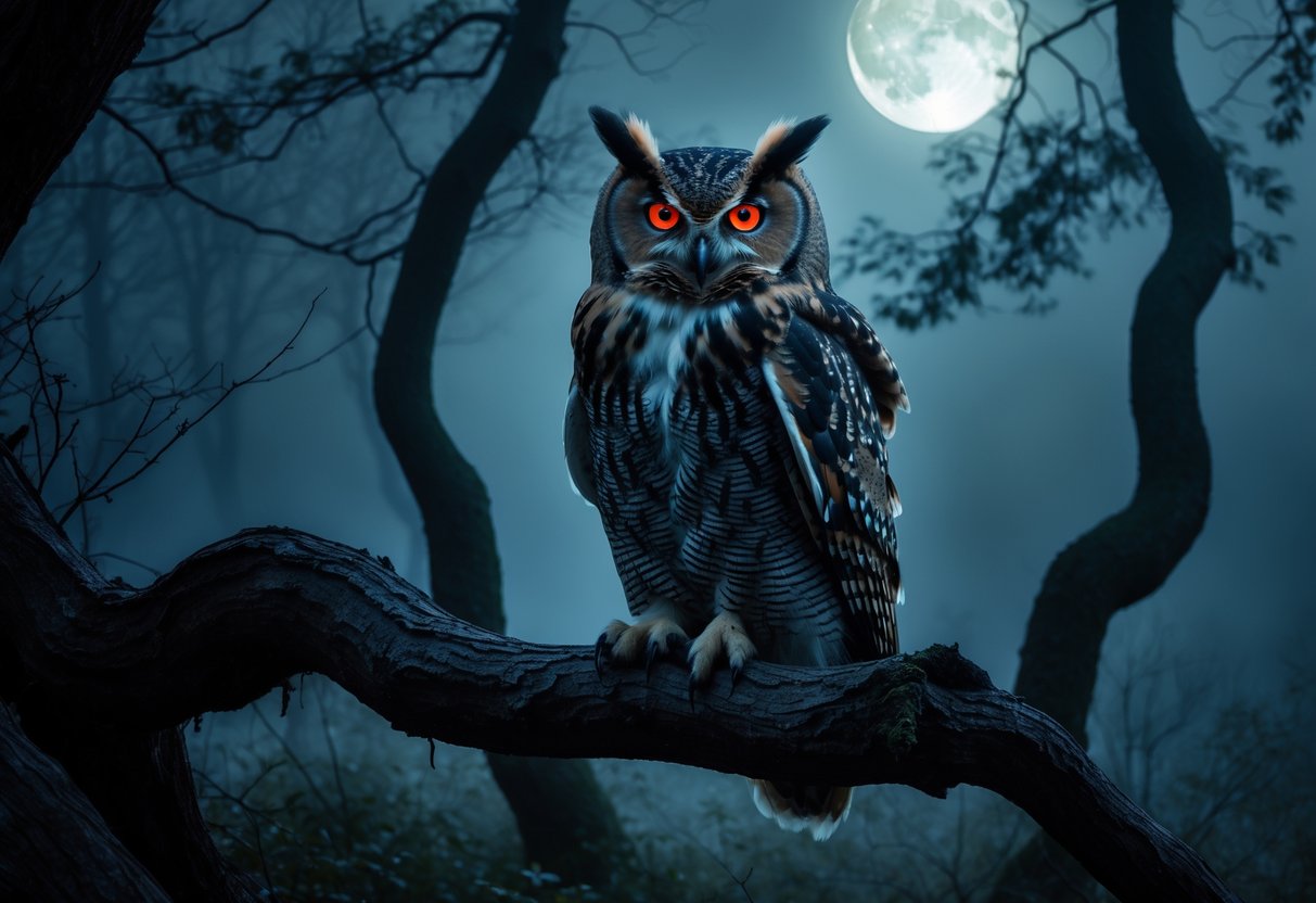 A large owl with glowing red eyes perched on a twisted tree branch at night in a misty forest.