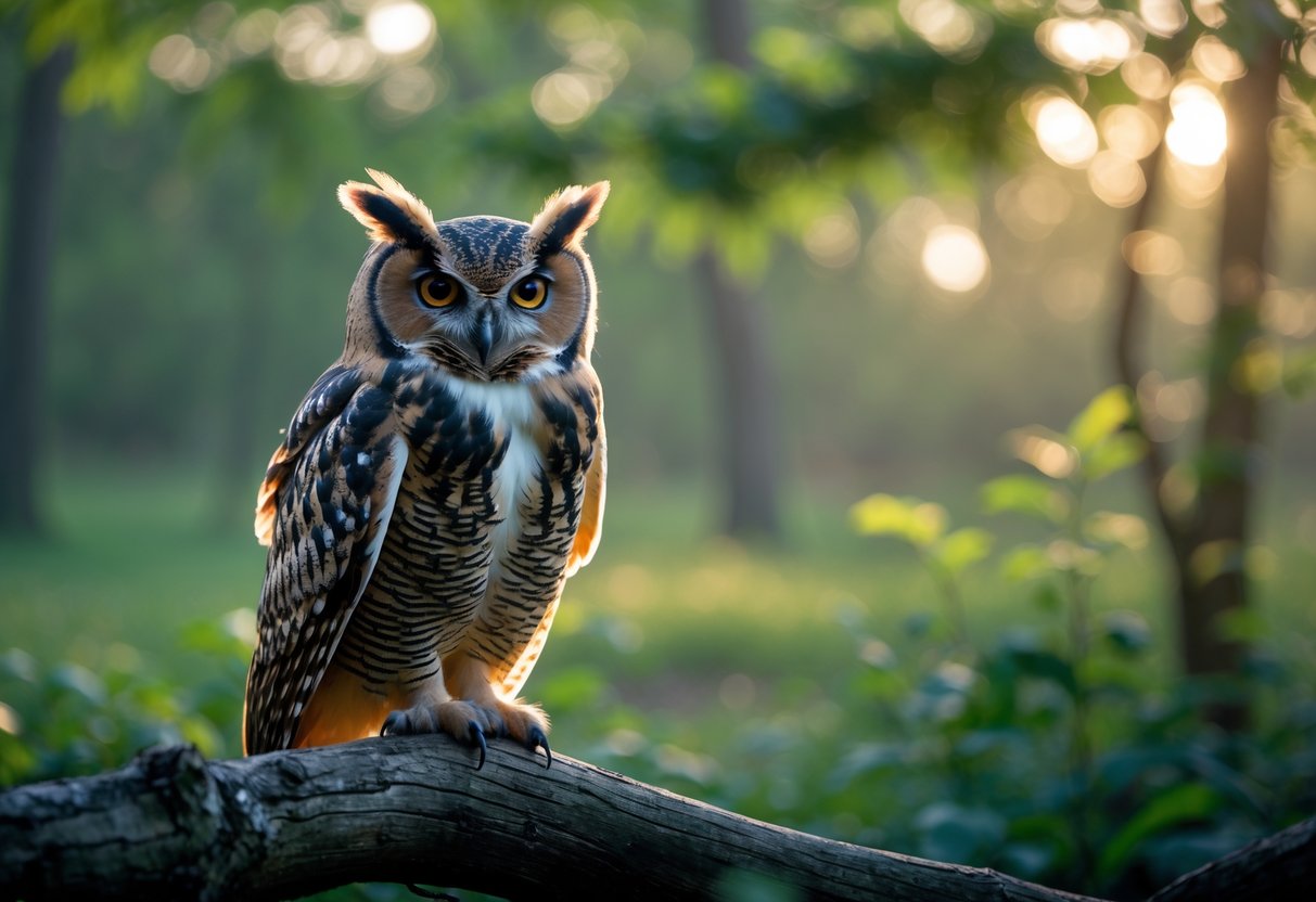 A close-up of an owl perched on a branch in a forest with soft light filtering through the trees.