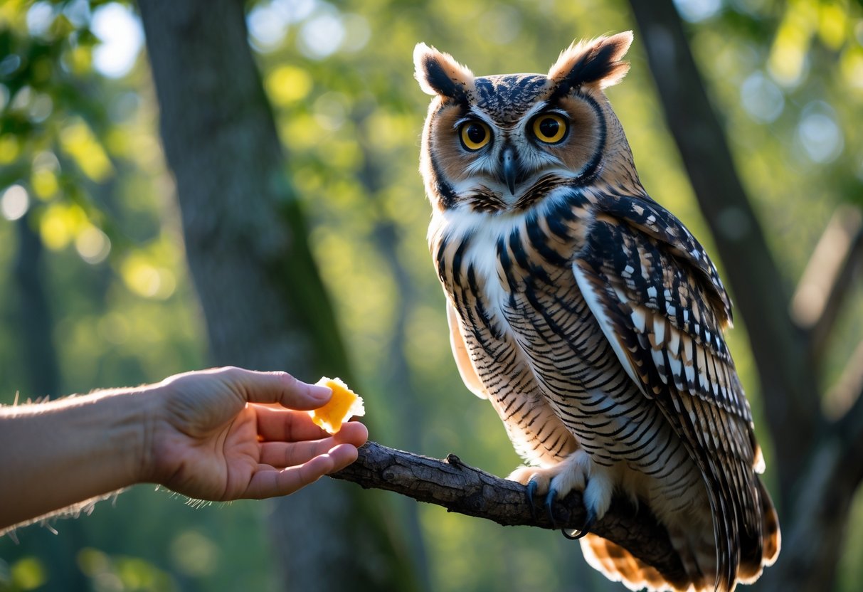 An owl perched on a tree branch with a human hand nearby holding food, the owl looks cautious and uninterested.