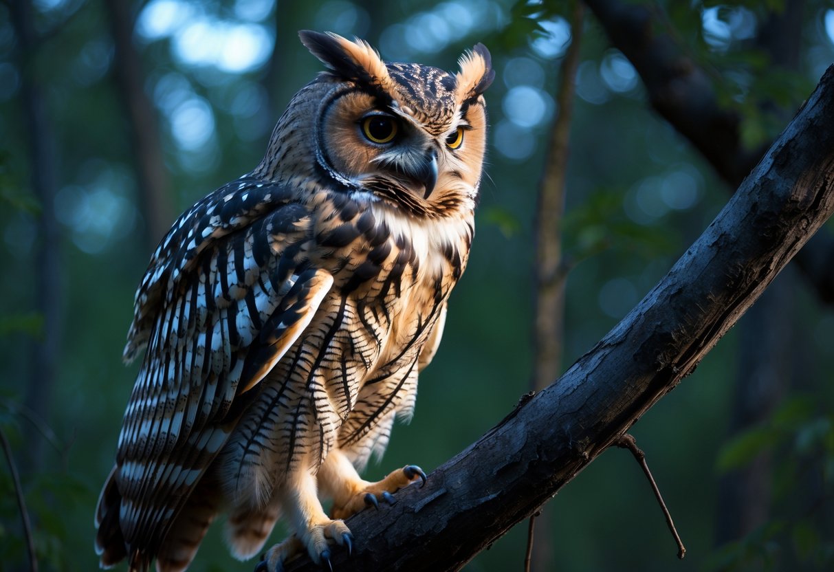 Close-up of an owl perched on a tree branch in a forest with feathers showing natural dirt and debris.