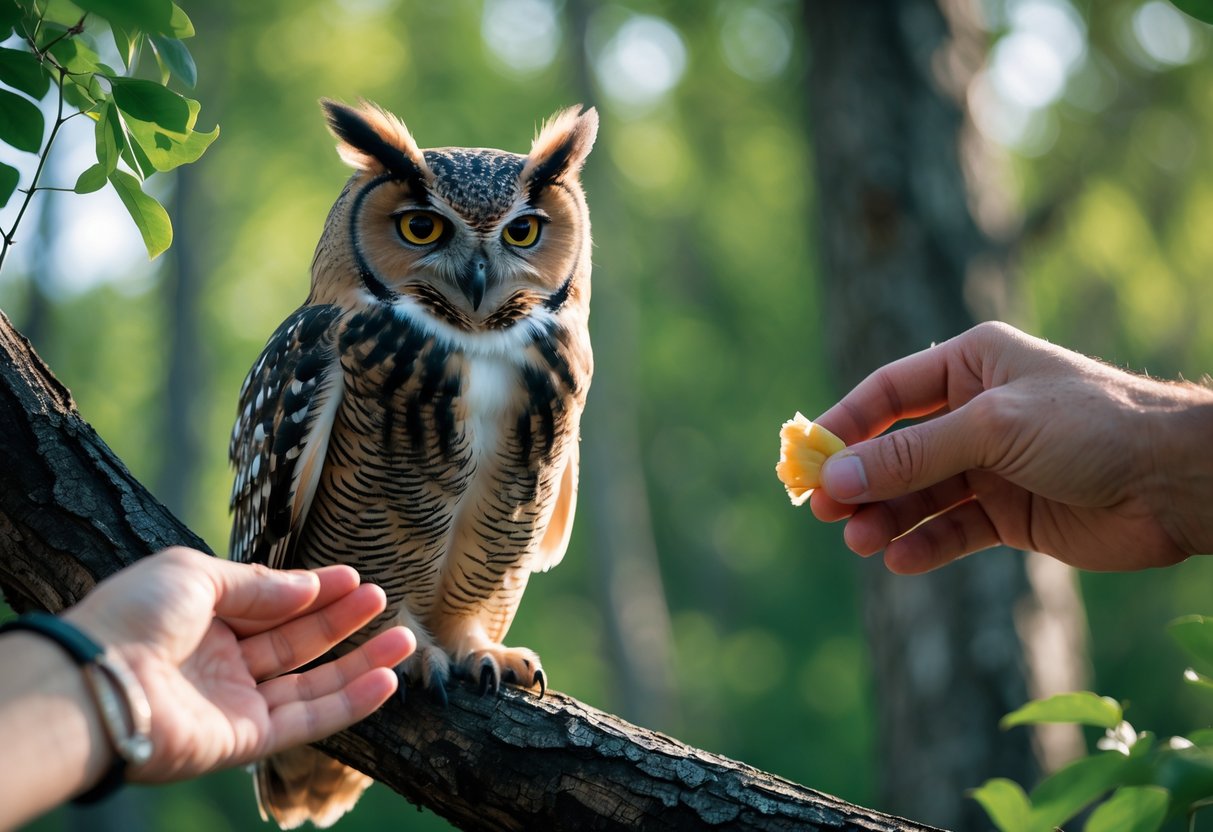 A wild owl perched on a tree branch with a human hand nearby holding food but not feeding it.
