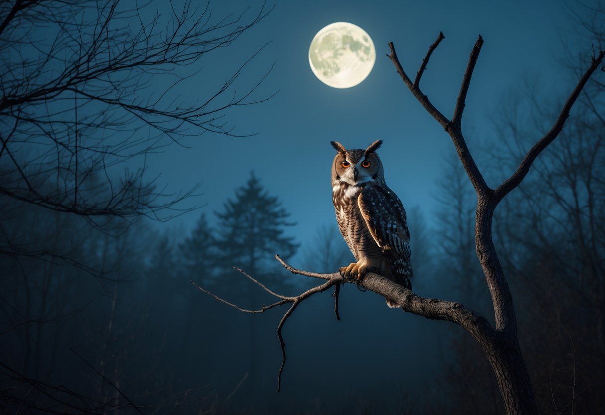 A solitary owl perched on a bare tree branch in a misty nighttime forest under a moonlit sky.
