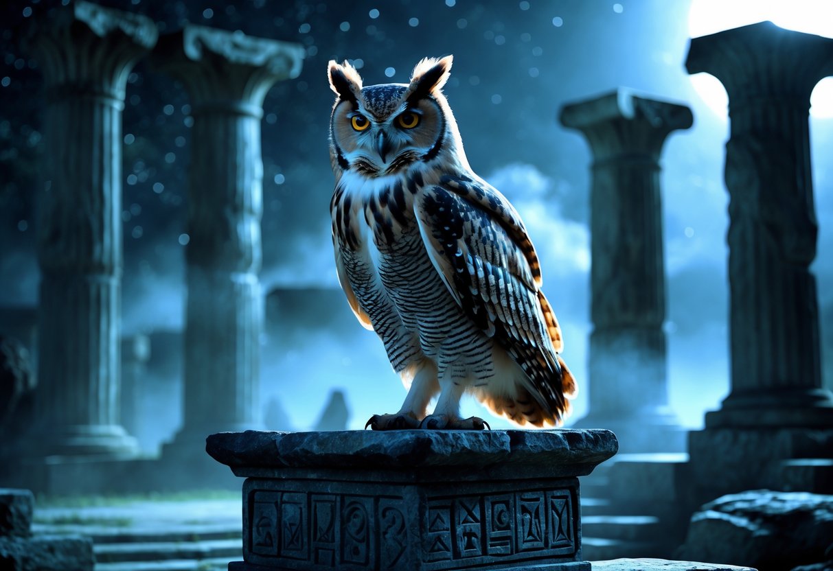 An owl perched on an ancient stone pedestal surrounded by symbols and ruins under moonlight, representing its role in mythology and symbolism.
