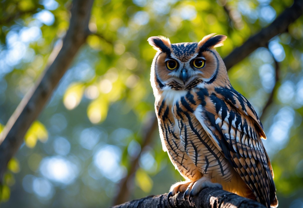 An owl perched on a tree branch in a sunlit forest during the day.