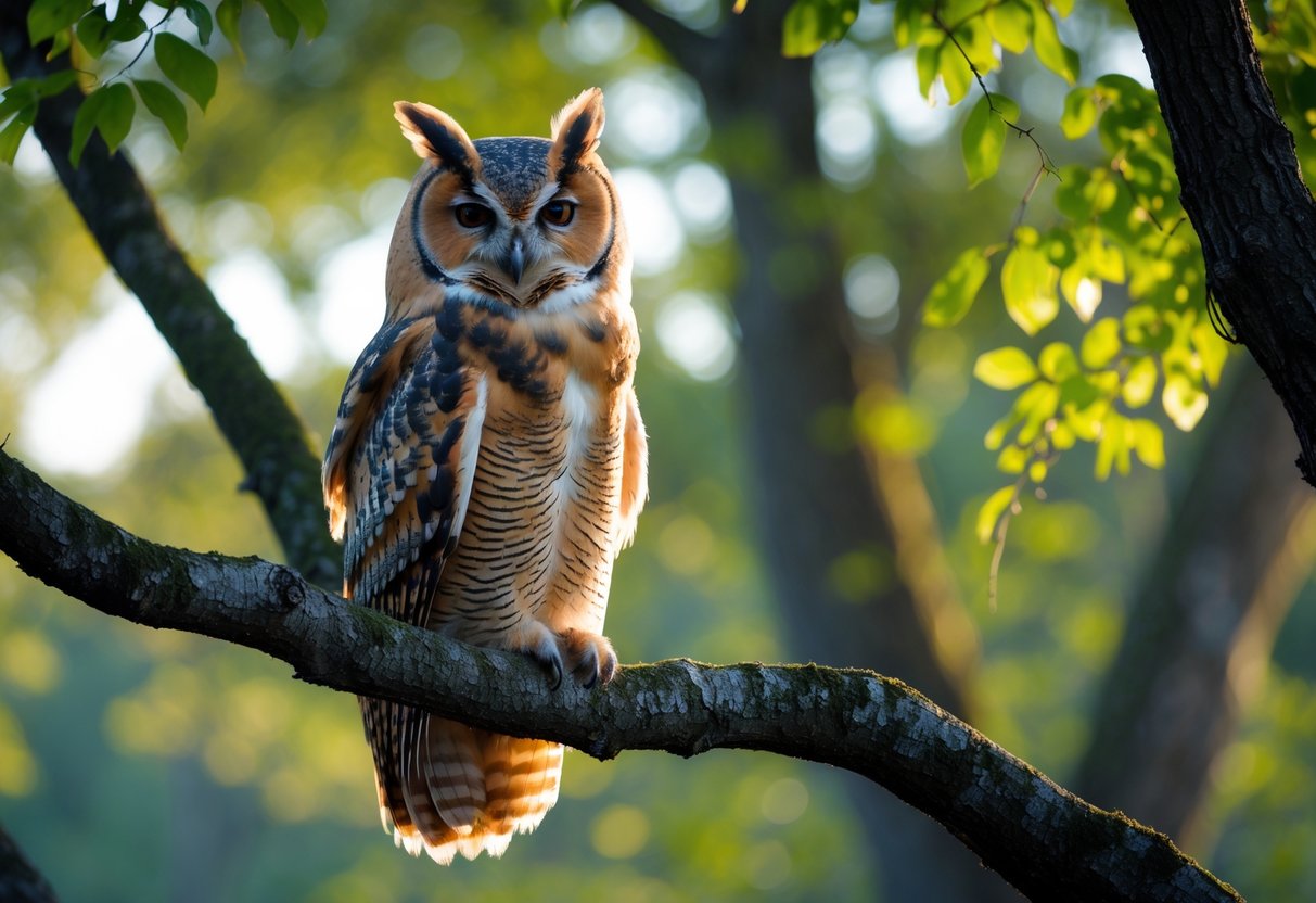 An owl perched on a tree branch in a sunlit forest during the day.