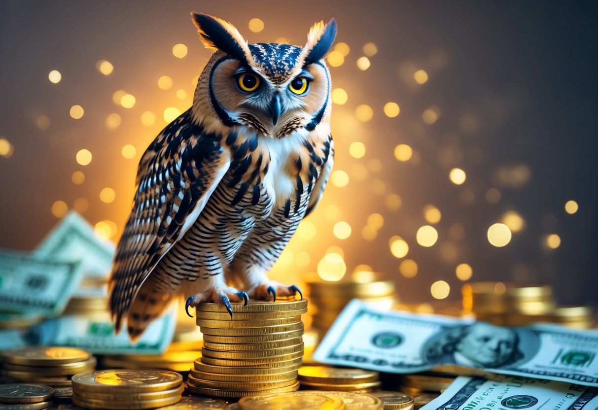 An owl perched on a stack of gold coins and banknotes with a blurred warm background.