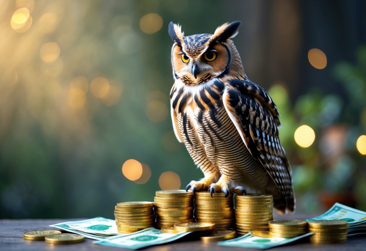 An owl perched on a stack of gold coins and banknotes with a blurred natural background.