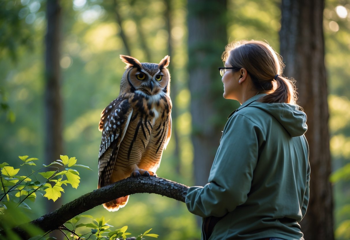 A person looking attentively at an owl perched on a tree branch in a forest.