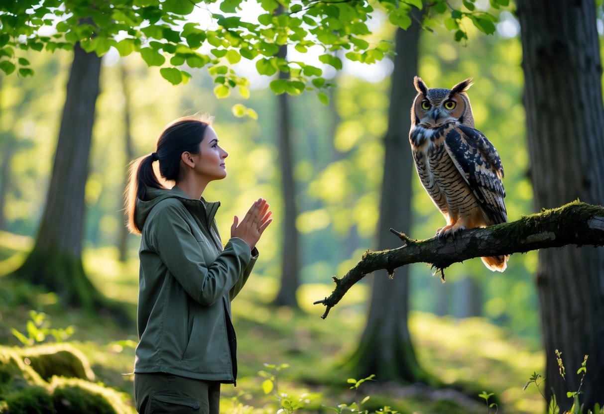 A person outdoors in a forest looking attentively at an owl perched on a tree branch.