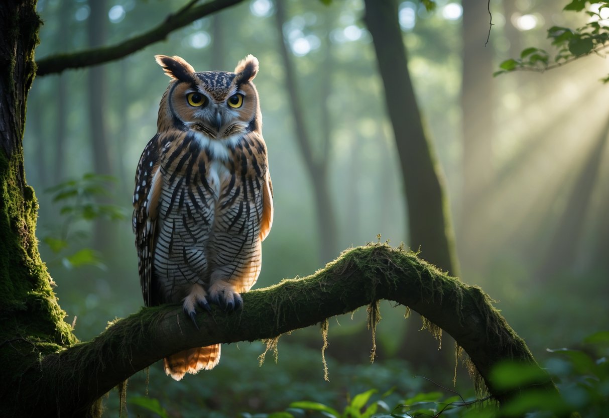 An owl perched on a tree branch in a misty forest with sunlight filtering through the leaves.