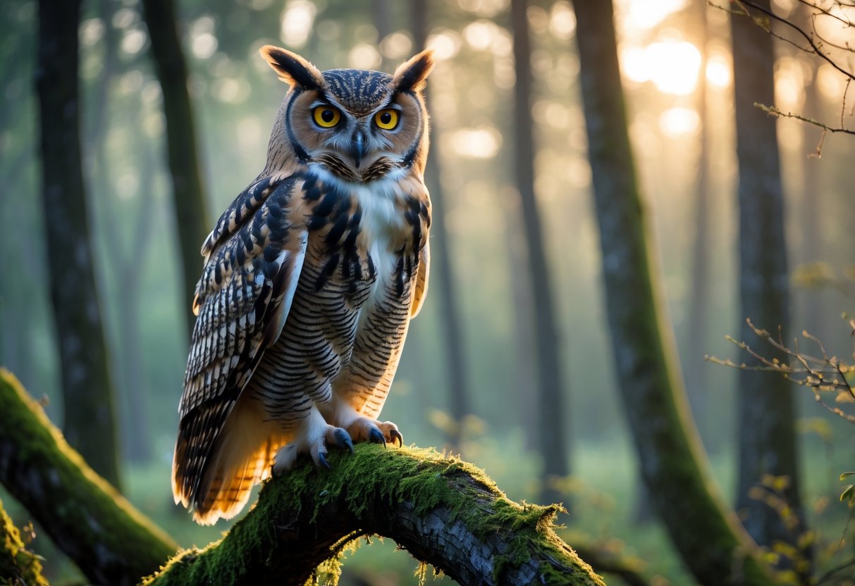 An owl perched on a mossy branch in a misty forest at dawn, surrounded by trees and soft morning light.