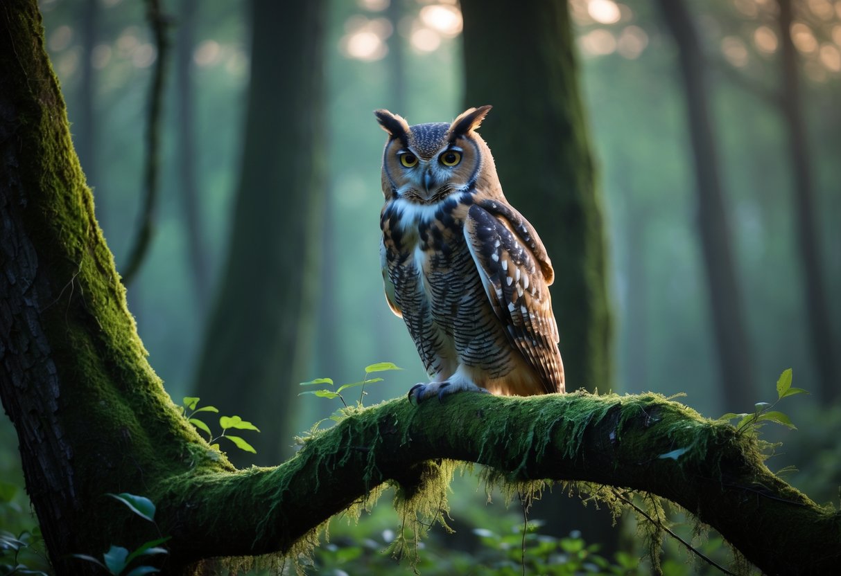 An owl perched on a mossy tree branch in a misty forest at dawn, looking directly ahead.