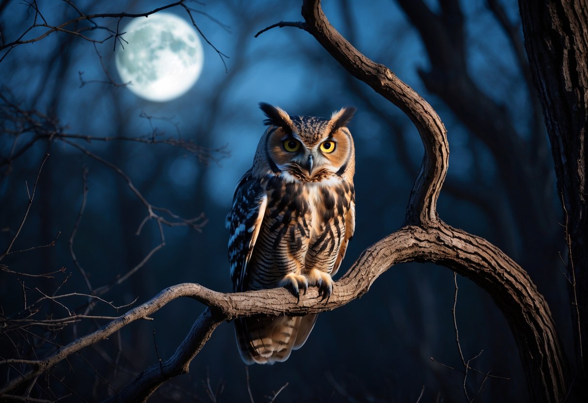 An owl perched on a bare tree branch at twilight with intense eyes and a dark forest background.